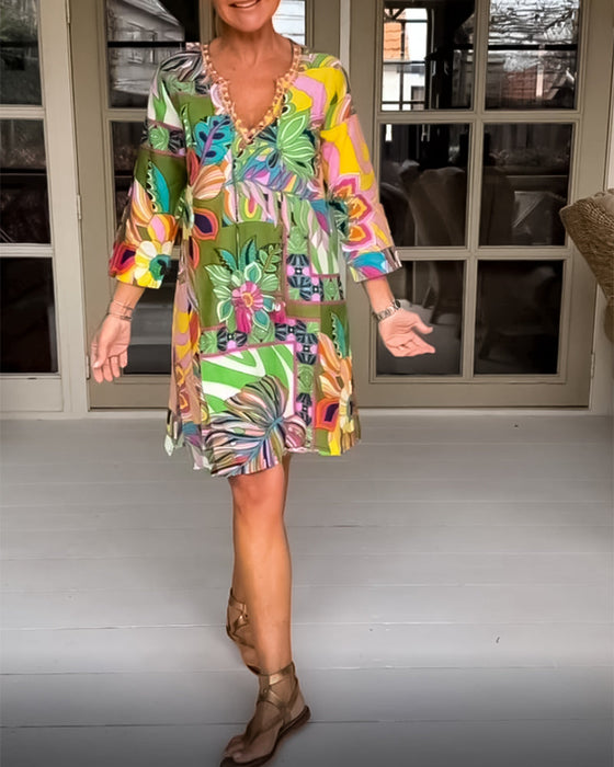 Flower and grass print casual dress