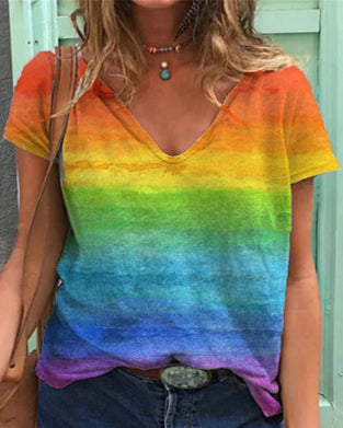 Casual v-neck rainbow print short-sleeved t-shirt