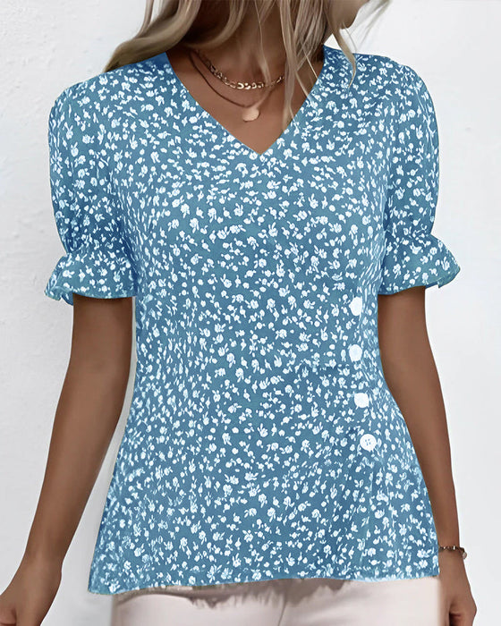 V-neck floral short-sleeved blouse