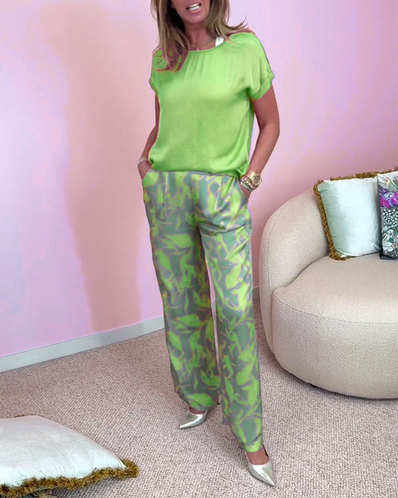 Casual printed short sleeve pocketed set