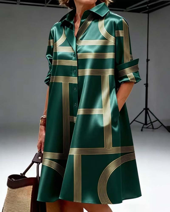 Lapel Line Print Shirt Dress