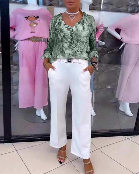 V-Neck Floral Print Blouse