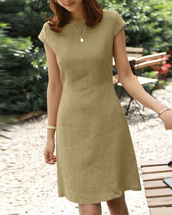 Cotton and linen solid color  short-sleeved dress