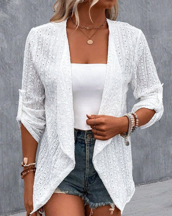 Hollow solid color elegant cardigan