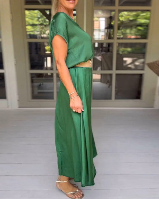 Green Elegant Neck Dress (Belt Not Included)