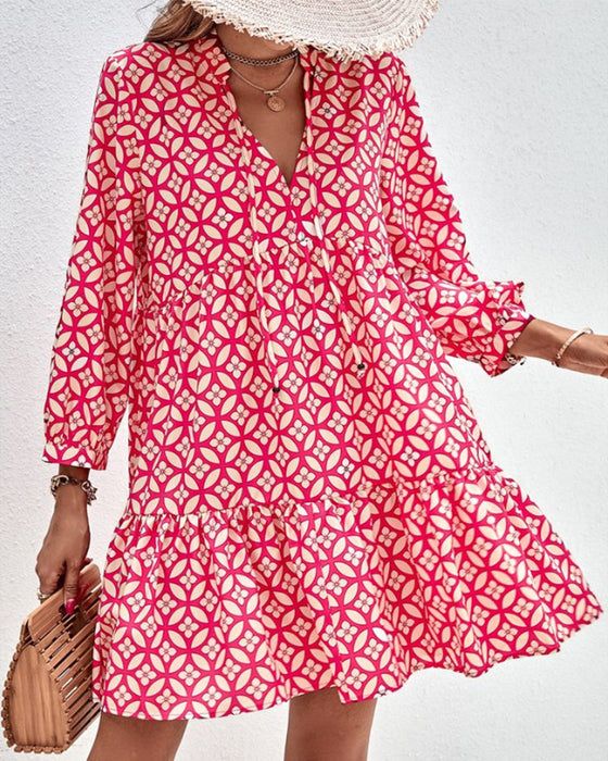 V-neck Long Sleeve Print Dress
