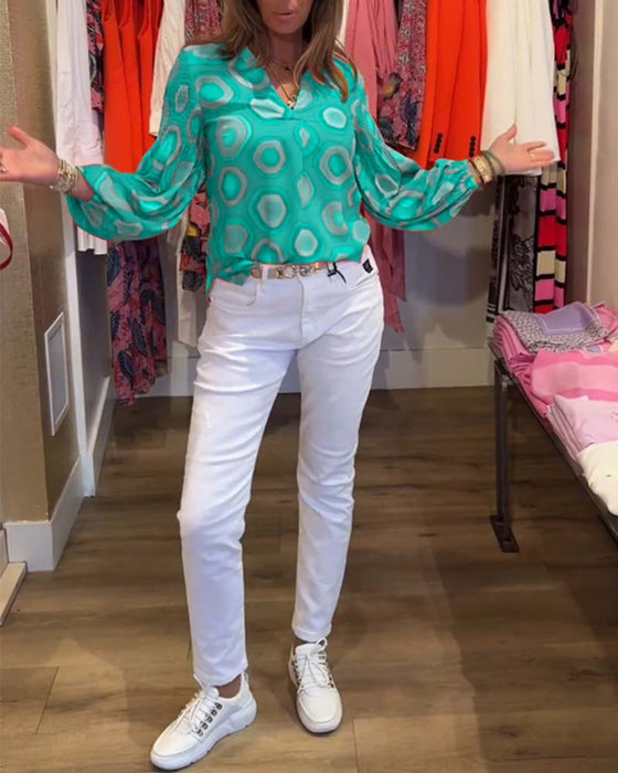 Geometric print long sleeve casual blouse