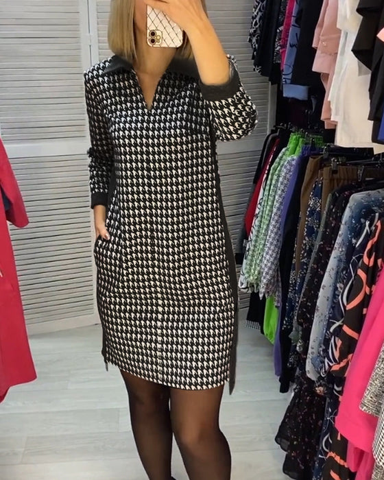 Lapel Dress with Pocket and Plaid