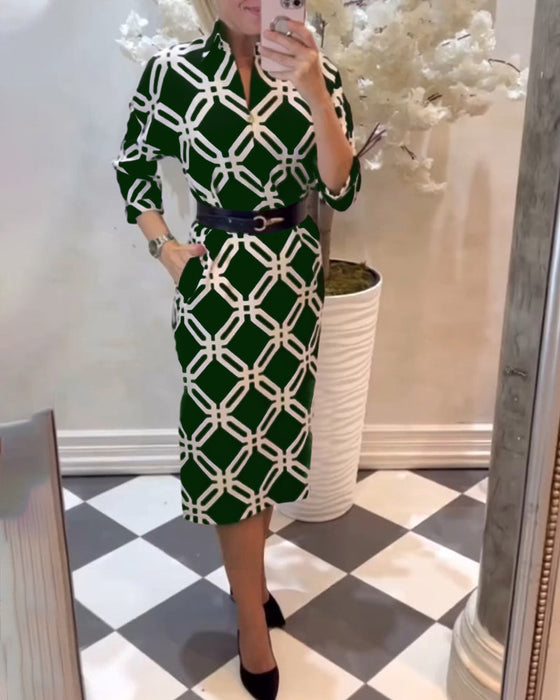 Geometric print side slit elegant dress