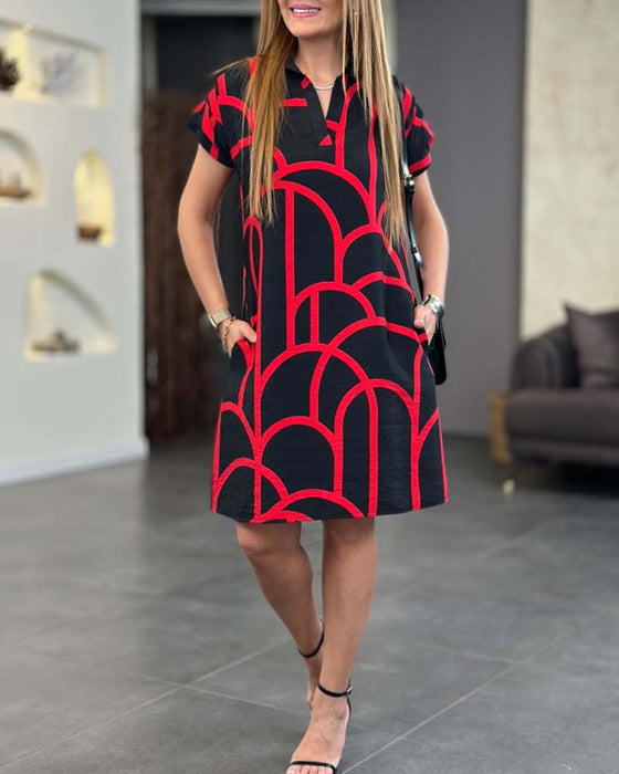 Lapel line printed short-sleeved midi dress
