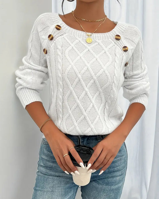 Solid Raglan Sleeve Buckle Cable Knit Sweater