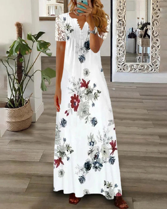 Floral print lace short sleeve long dress