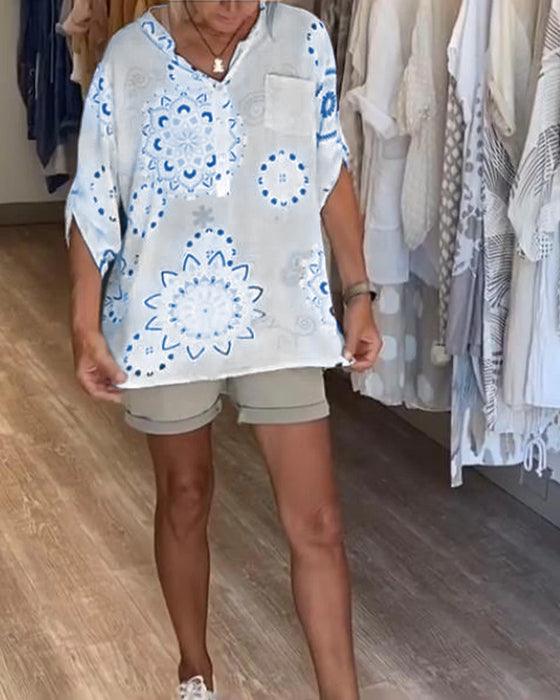 Versatile V-Neck Printed Half Sleeves Blouse