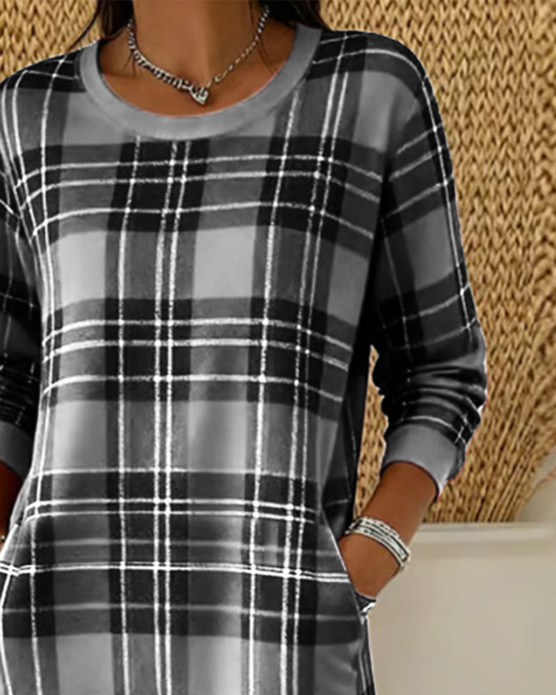 Long-Sleeved Plaid Sweatshirt Dress