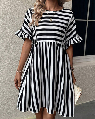 Round Neck Striped Print A-Line Dress