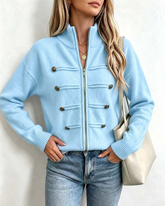 Mandarin Collar Fashion Zipper Knit Cardigan