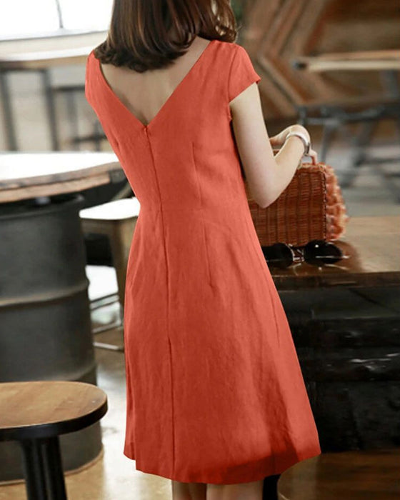 Cotton and linen solid color  short-sleeved dress