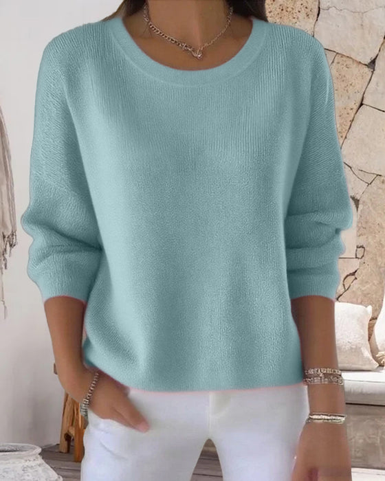 Solid Round Neck Drop Shoulder Sweater
