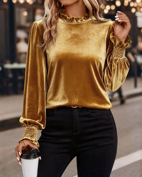 Ruffled Velvet Long Sleeve Top