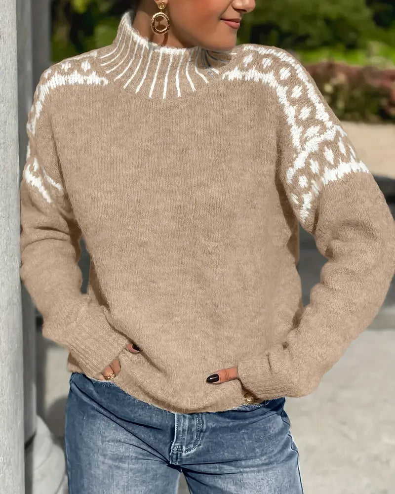 High Neck Patterned Contrast Sweater