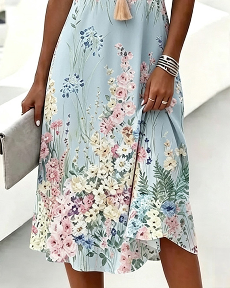 V-Neck Floral Short Sleeve A-Line Dress