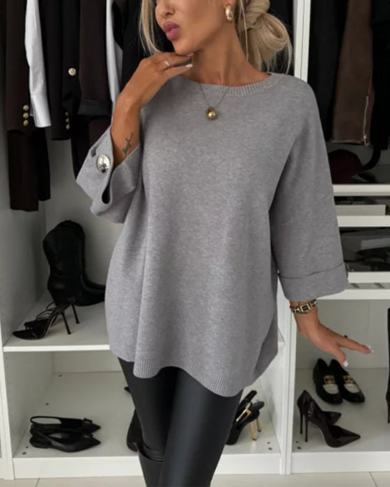 Fashion solid color round neck button pullover