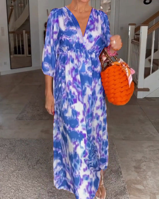 Fashion print v neck 3/4 sleeve dress