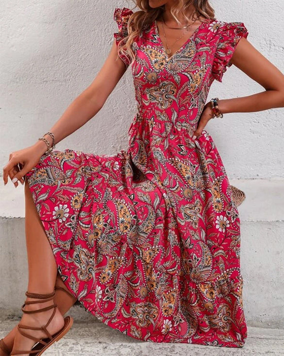 Printed v-neck short-sleeved dress