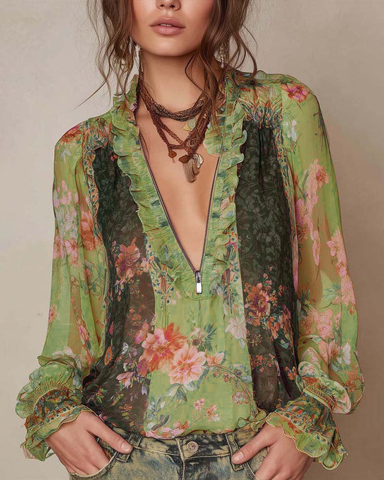 Half-Zip Floral Print Blouse