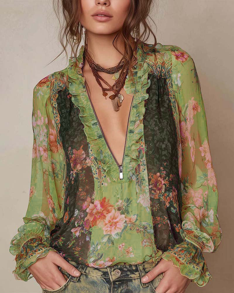 Half-Zip Floral Print Blouse