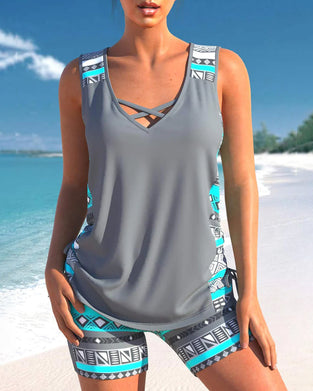 V-neck Geometric Print Tankinis