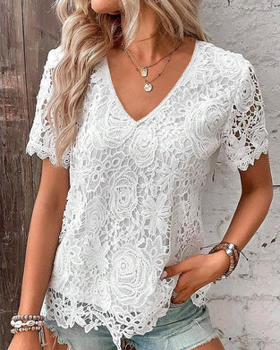 Lace v-neck short-sleeved blouse
