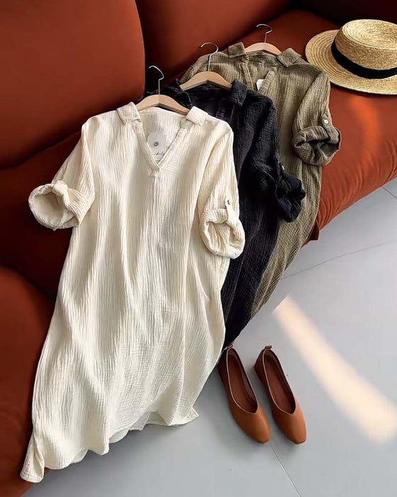 Lapel Solid Color Simple Long Sleeve Dress