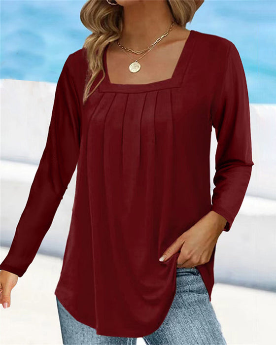 Square neck pleated long sleeve top