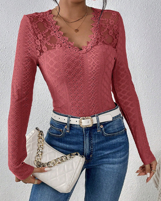 V-Neck Lace Panel Long-Sleeved Top