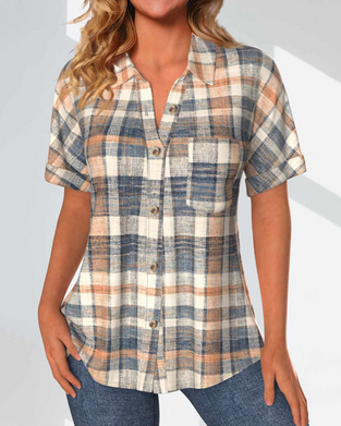 Button Plaid Print Short Sleeve Blouse