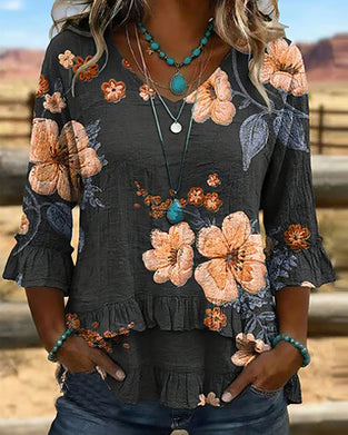 V-Neck Vintage Floral Loose Fit Blouse