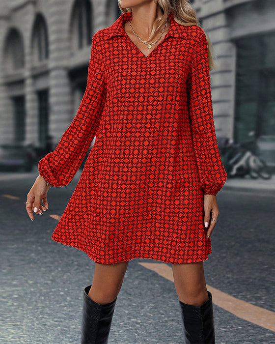 Lapel Long Sleeve Printed Dress