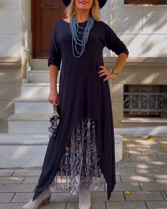 Long Sleeve Solid Color Irregular Dress