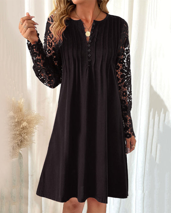 Pleated lace sleeve dress