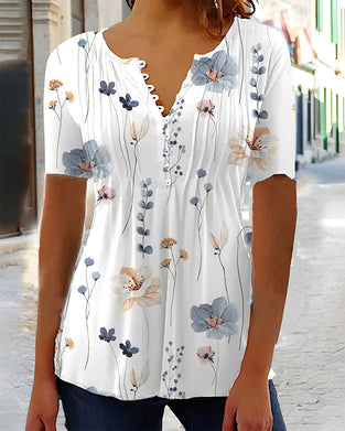 V Neck Button Print Short Sleeve Blouse