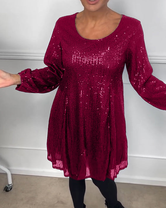 Elegant lantern sleeve sequined a-line dress