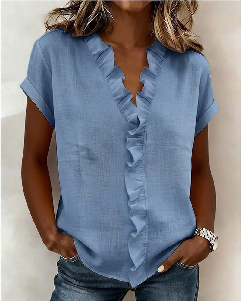 Pure Cotton Short-Sleeved Blouse With Ruffled Collar