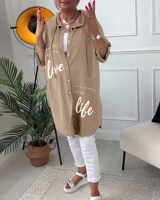 Hooded button-down coat with printed letters