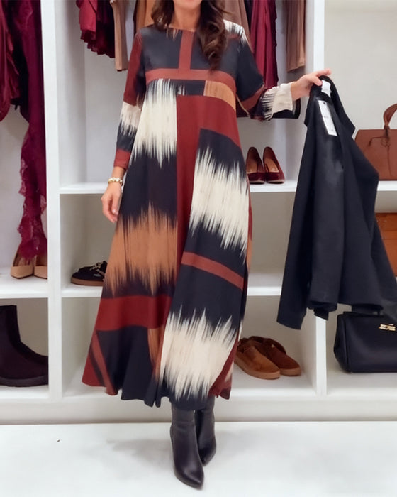 Fashion Printed Round Neck Long Sleeve Dress