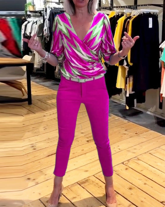 Printed casual deep V top