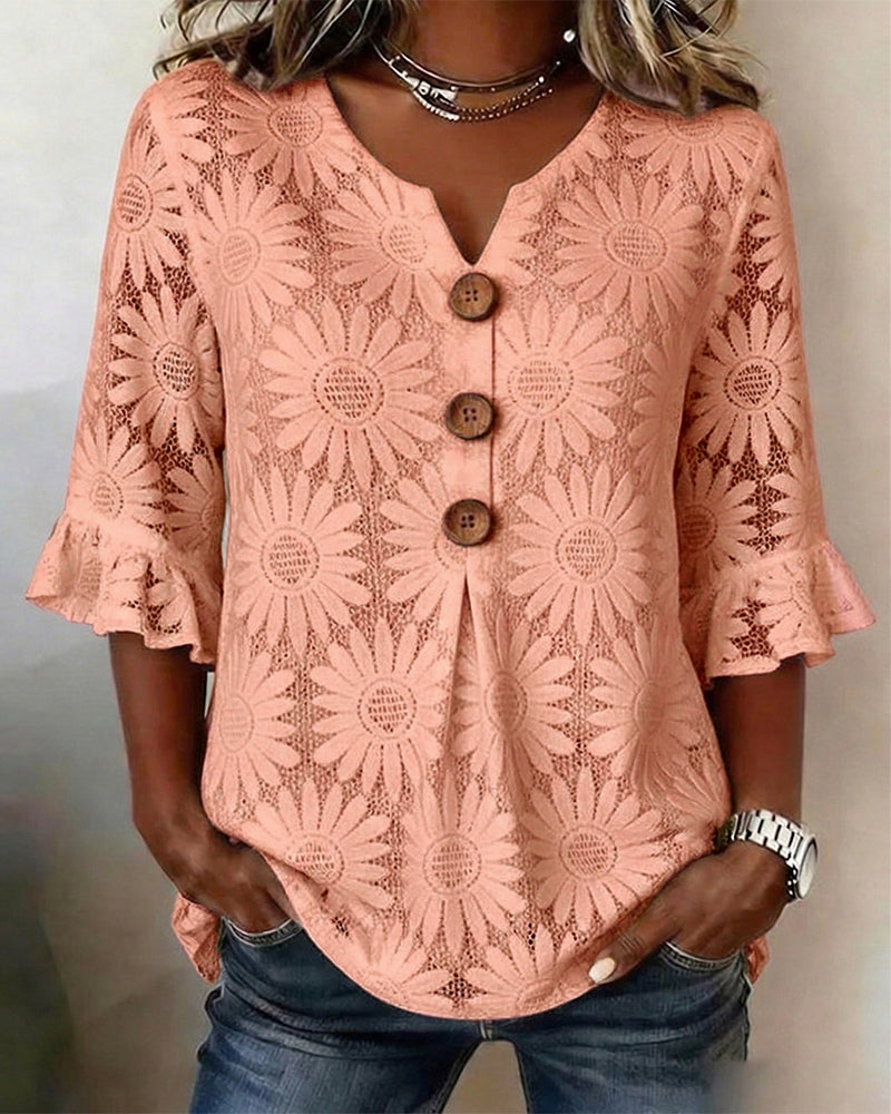 Ruffled Daisy-Print Blouse With Ruffle Sleeves