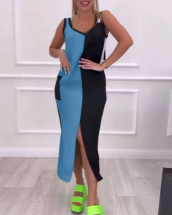 Fashionable Contrast Color Slit Dress