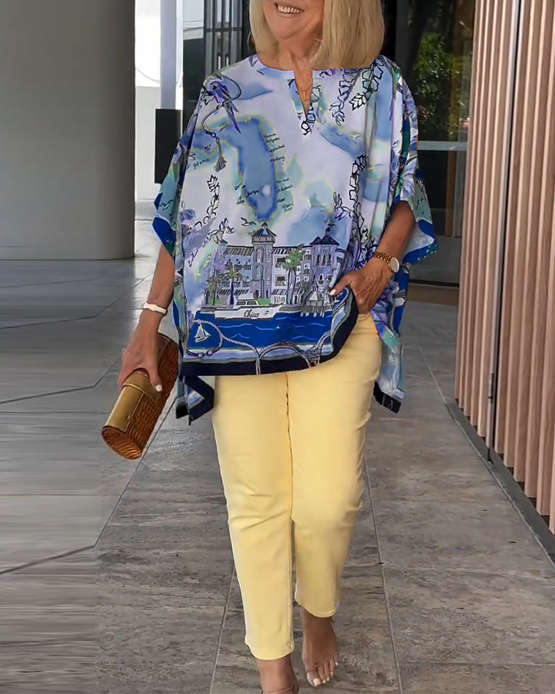 Batwing Sleeve Print Blouse