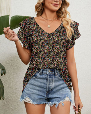 Floral Print T-shirt with Ruffle Sleeves